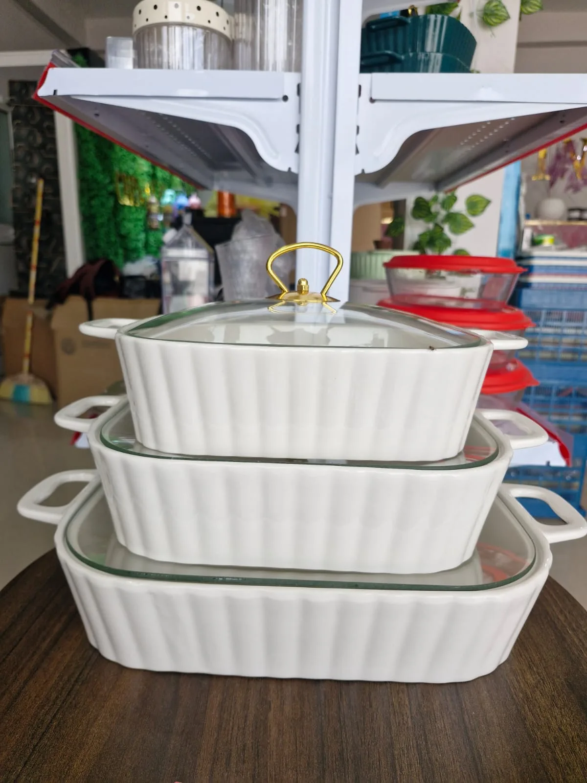 Conjunto de Travessas de Cerâmica com Tampa de Vidro - Cozinha
